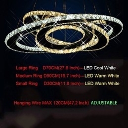 Designer Touch Decorative Crystal Pendant Lighting Ceiling Chandelier Light Fixtures with Warm and Cool White 3 rings