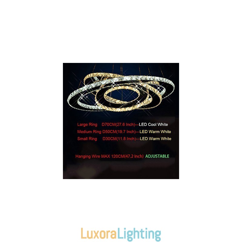 Designer Touch Decorative Crystal Pendant Lighting Ceiling Chandelier Light Fixtures with Warm and Cool White 3 rings