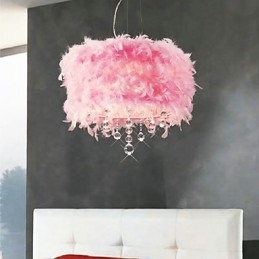 Designer Touch Decorative Crystal Pendant Light with 5 Lights in Pink Feather Shade