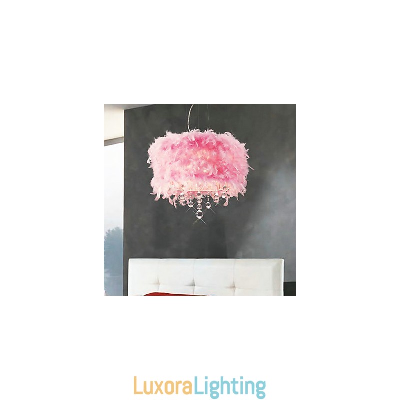 Designer Touch Decorative Crystal Pendant Light with 5 Lights in Pink Feather Shade