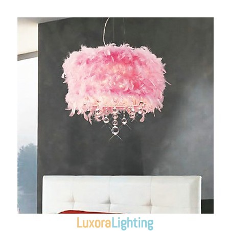 Designer Touch Decorative Crystal Pendant Light with 5 Lights in Pink Feather Shade