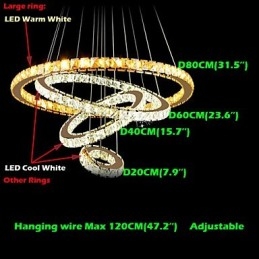 Designer Touch Decorative Crystal Pendant Light Ceiling Chandelier K9 Clear Crystal Round 4 Rings Large Ring(Warm White) Other(Cool White)