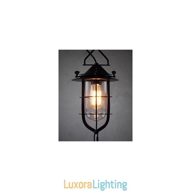 Designer Touch Decorative Medium Vintage Black Cage Shape Glass And Metal Cover Pendant Light