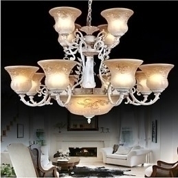 Designer Touch Decorative White Chandelier Fifteen Lights Pattern Glass Shade Hand Gilt European Retro Classic