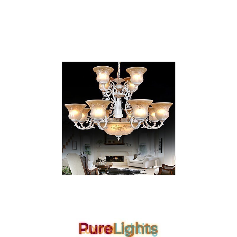 Designer Touch Decorative White Chandelier Fifteen Lights Pattern Glass Shade Hand Gilt European Retro Classic