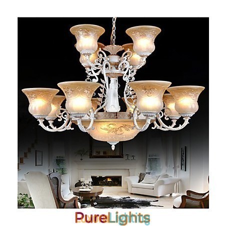 Designer Touch Decorative White Chandelier Fifteen Lights Pattern Glass Shade Hand Gilt European Retro Classic