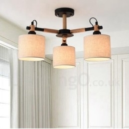 Designer Touch Decorative Modern Contemporary 3 Light Single Tier Wood Chandelier with Drum Fabric Shade &