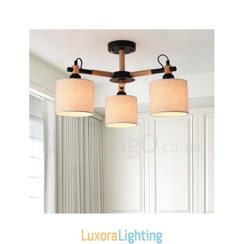 Designer Touch Decorative Modern Contemporary 3 Light Single Tier Wood Chandelier with Drum Fabric Shade &