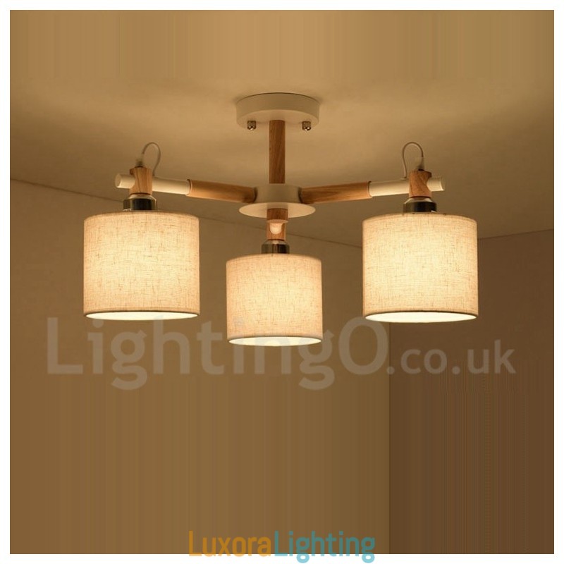 Designer Touch Decorative Modern Contemporary 3 Light Single Tier Wood Chandelier with Drum Fabric Shade &