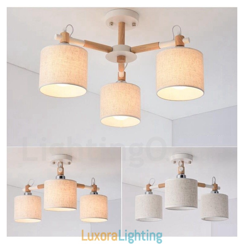 Designer Touch Decorative Modern Contemporary 3 Light Single Tier Wood Chandelier with Drum Fabric Shade &