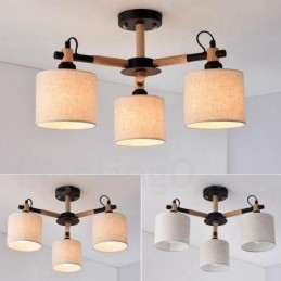 Designer Touch Decorative Modern Contemporary 3 Light Single Tier Wood Chandelier with Drum Fabric Shade &
