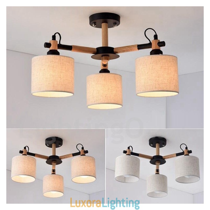 Designer Touch Decorative Modern Contemporary 3 Light Single Tier Wood Chandelier with Drum Fabric Shade &