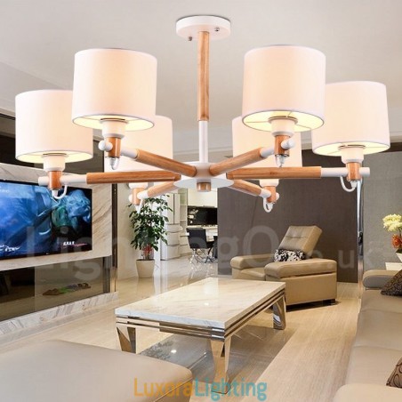 Designer Touch Decorative Modern Contemporary 6 Light Single Tier Wood Chandelier with Drum Fabric (Black White)