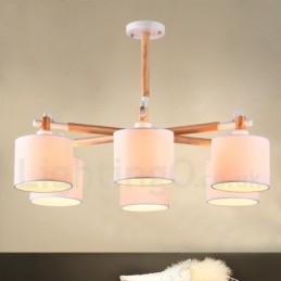 Designer Touch Decorative Modern Contemporary 6 Light Single Tier Wood Chandelier with Drum Fabric (Black White)