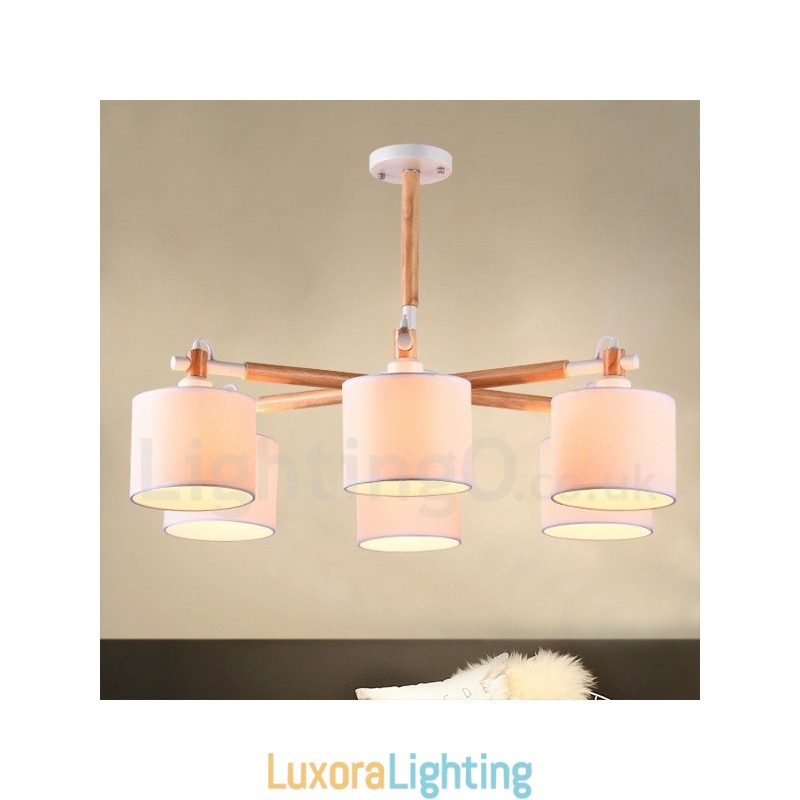 Designer Touch Decorative Modern Contemporary 6 Light Single Tier Wood Chandelier with Drum Fabric (Black White)
