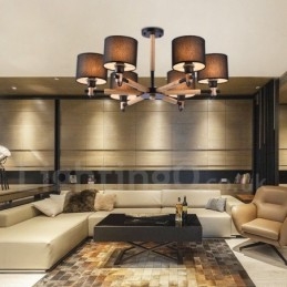 Designer Touch Decorative Modern Contemporary 6 Light Single Tier Wood Chandelier with Drum Fabric (Black White)