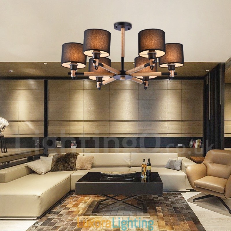 Designer Touch Decorative Modern Contemporary 6 Light Single Tier Wood Chandelier with Drum Fabric (Black White)