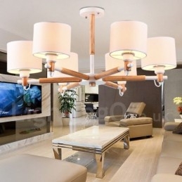 Designer Touch Decorative Modern Contemporary 6 Light Single Tier Wood Chandelier with Drum Fabric (Black White)