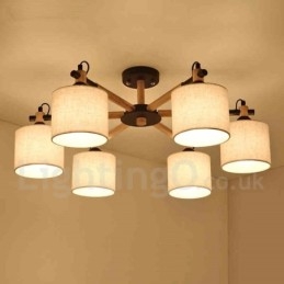Designer Touch Decorative Modern Contemporary 6 Light Single Tier Wood Chandelier with Drum Fabric (Black White)