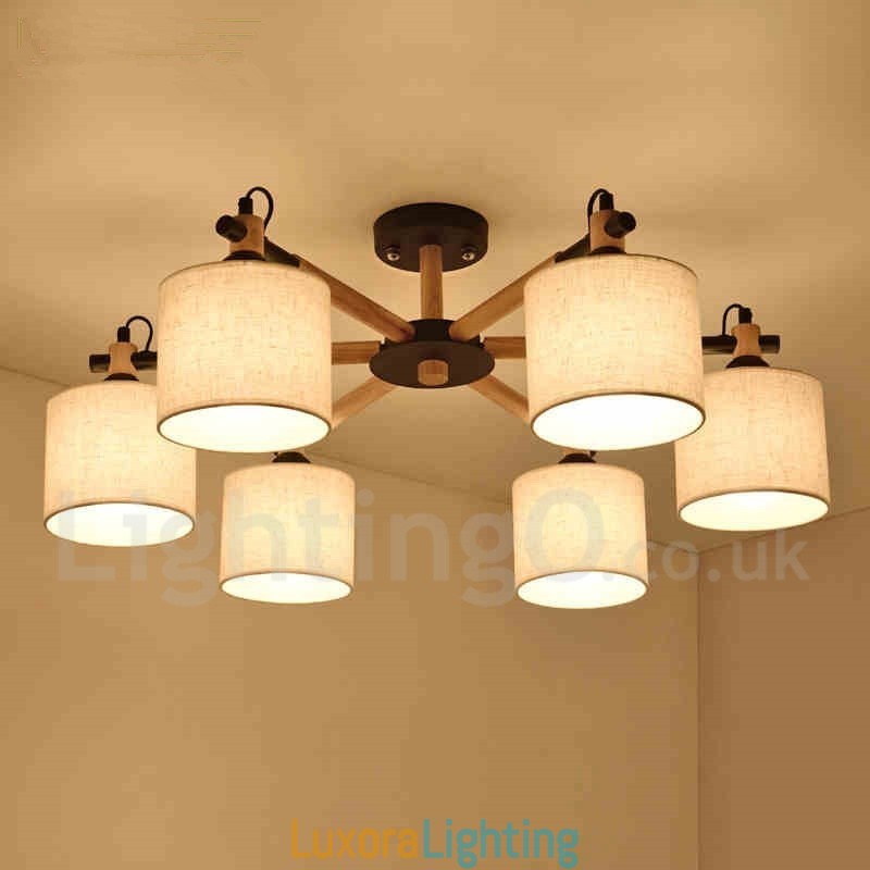 Designer Touch Decorative Modern Contemporary 6 Light Single Tier Wood Chandelier with Drum Fabric (Black White)