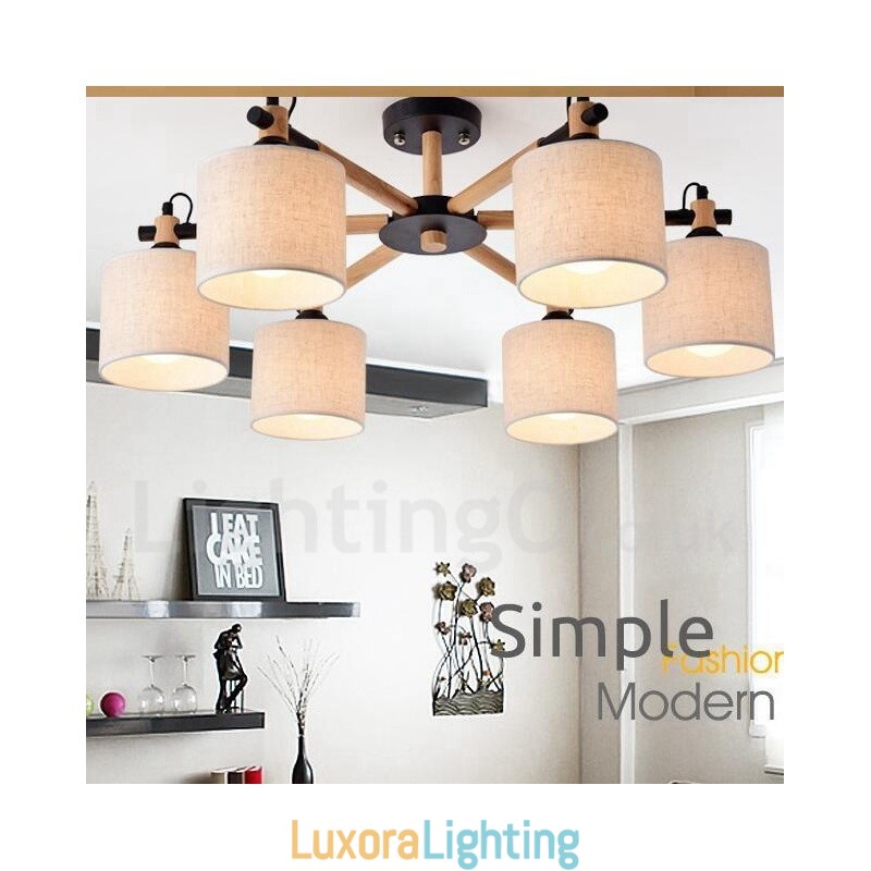 Designer Touch Decorative Modern Contemporary 6 Light Single Tier Wood Chandelier with Drum Fabric (Black White)