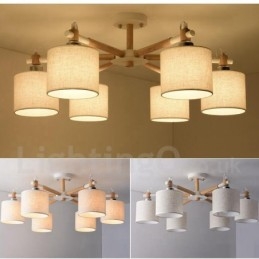 Designer Touch Decorative Modern Contemporary 6 Light Single Tier Wood Chandelier with Drum Fabric (Black White)