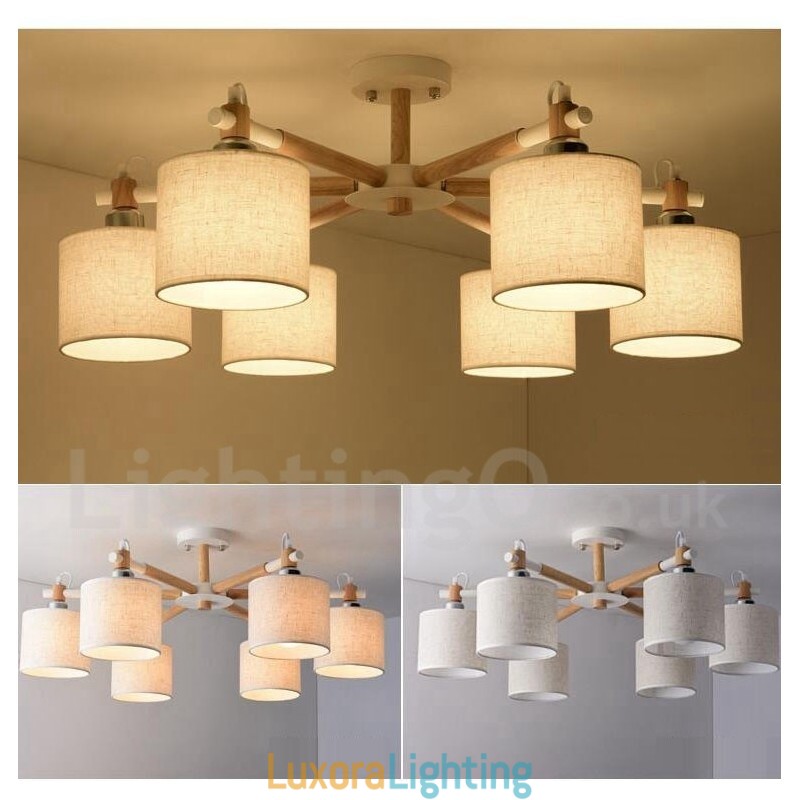 Designer Touch Decorative Modern Contemporary 6 Light Single Tier Wood Chandelier with Drum Fabric (Black White)