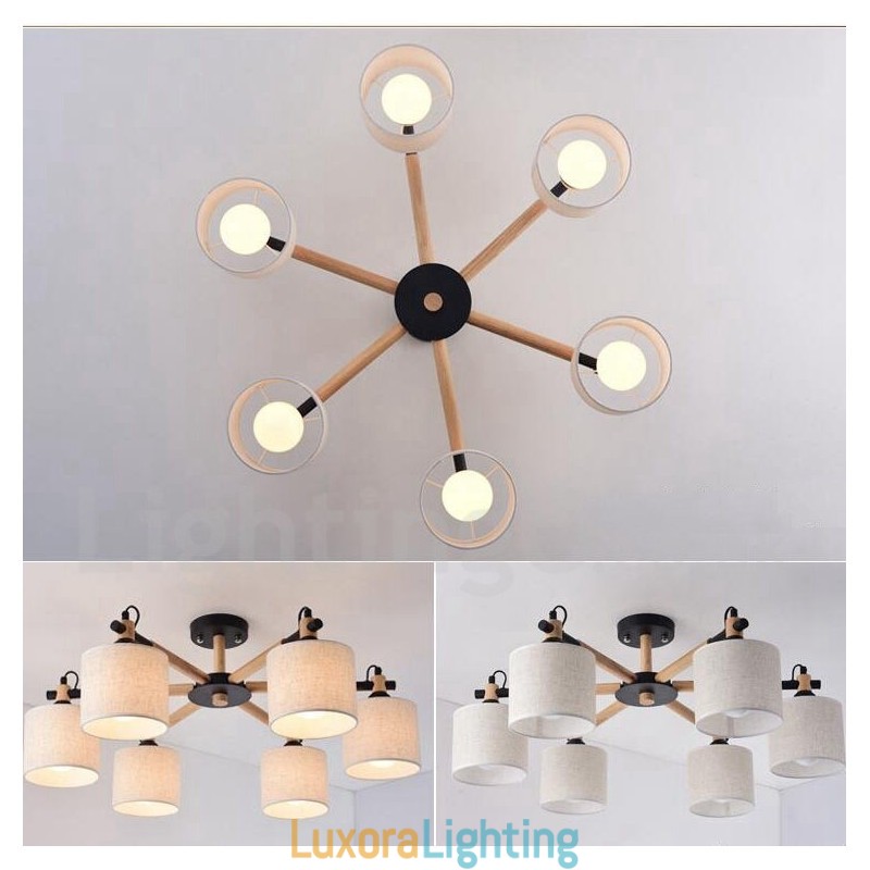 Designer Touch Decorative Modern Contemporary 6 Light Single Tier Wood Chandelier with Drum Fabric (Black White)