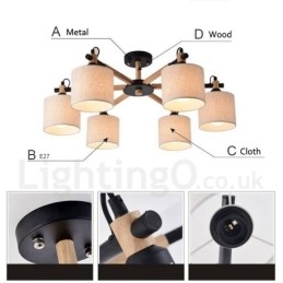 Designer Touch Decorative Modern Contemporary 6 Light Single Tier Wood Chandelier with Drum Fabric (Black White)