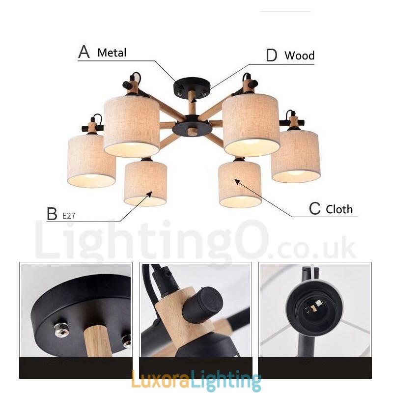 Designer Touch Decorative Modern Contemporary 6 Light Single Tier Wood Chandelier with Drum Fabric (Black White)