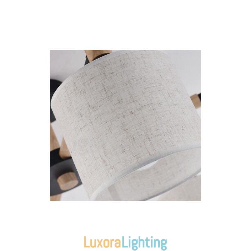 Designer Touch Decorative Modern Contemporary 6 Light Single Tier Wood Chandelier with Drum Fabric (Black White)
