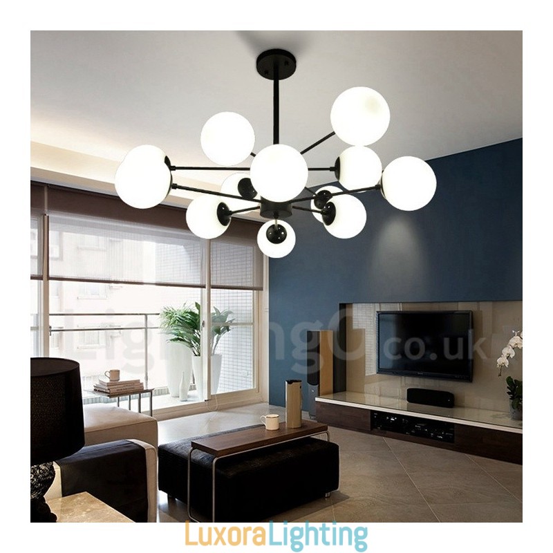 Designer Touch Decorative Black 12 Light 2 Tier Metal Chandelier with Glass Shade Modern Contemporary Style