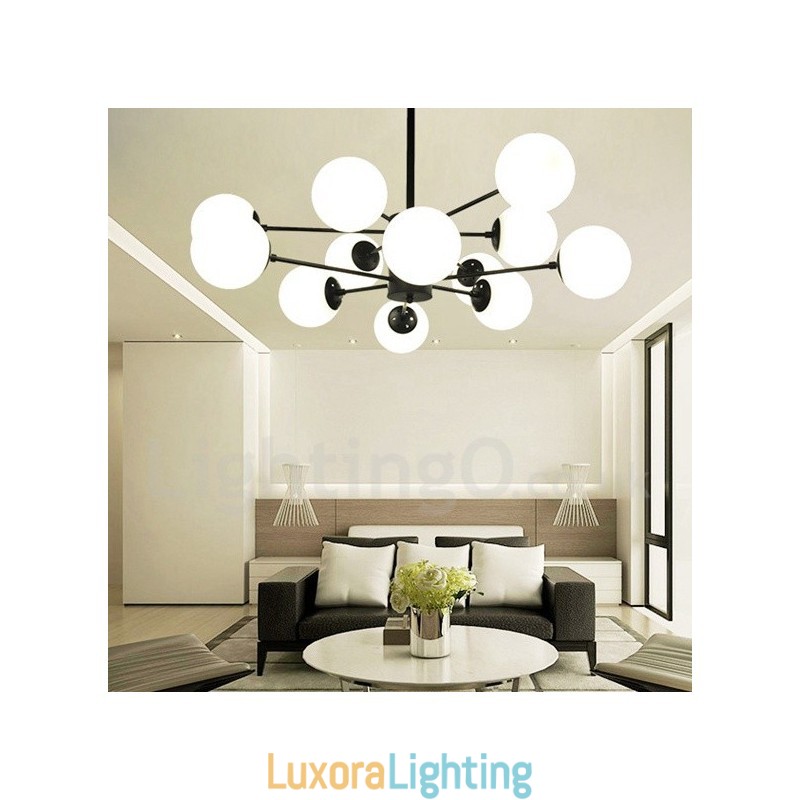 Designer Touch Decorative Black 12 Light 2 Tier Metal Chandelier with Glass Shade Modern Contemporary Style