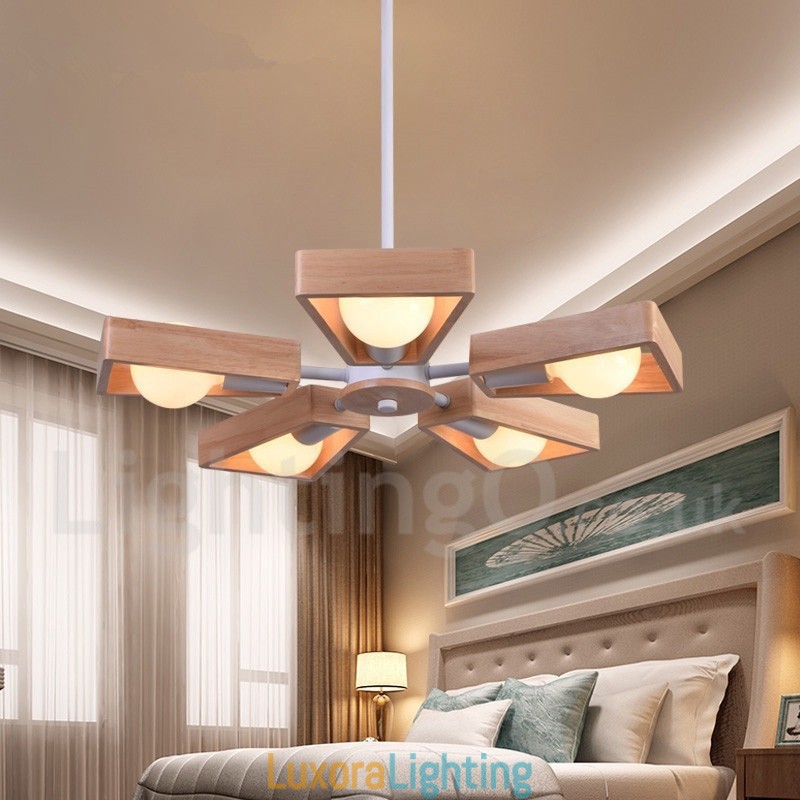 Designer Touch Decorative Wood Single Tier 5 Light Chandelier Lamp Modern Contemporary Style