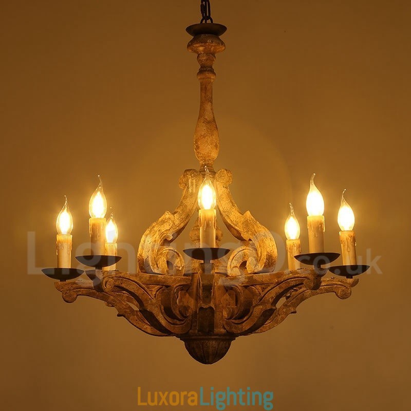 Designer Touch Decorative 8 Light Vintage Retro Wooden Chandelier Lamp Light