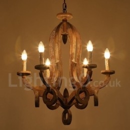 Designer Touch Decorative Country Wooden Vintage 6 Light Single Tier Chandelier Light Wood Lamp