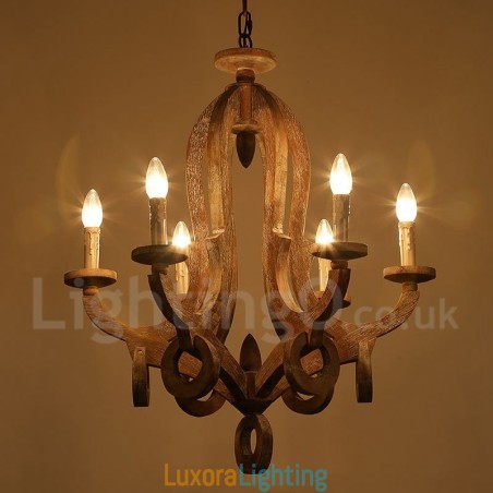 Designer Touch Decorative Country Wooden Vintage 6 Light Single Tier Chandelier Light Wood Lamp