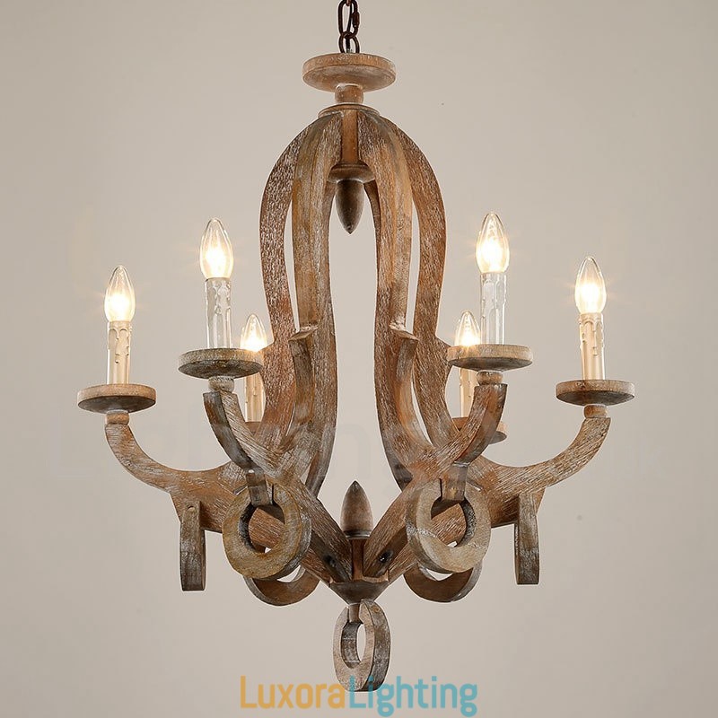 Designer Touch Decorative Country Wooden Vintage 6 Light Single Tier Chandelier Light Wood Lamp