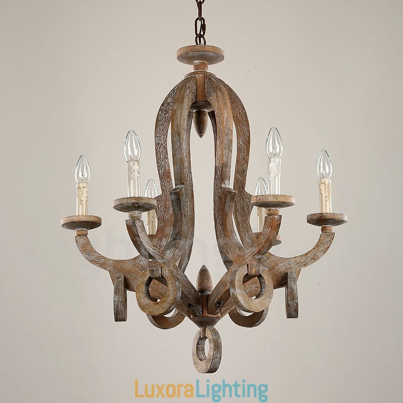 Designer Touch Decorative Country Wooden Vintage 6 Light Single Tier Chandelier Light Wood Lamp