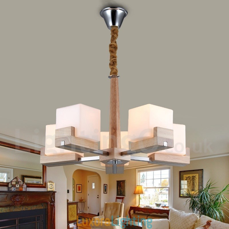 Designer Touch Decorative Wooden Modern Contemporary 5 Light Single Tier Chandelier Lamp