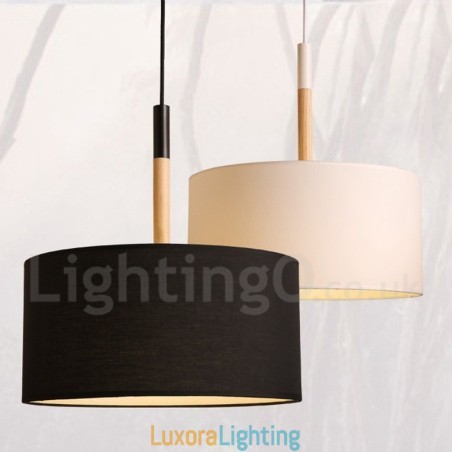 Designer Touch Decorative Modern Contemporary Wood Drum Pendant Light with Fabric Shade