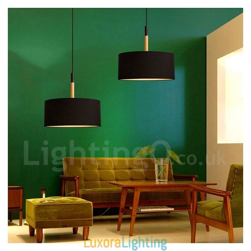 Designer Touch Decorative Modern Contemporary Wood Drum Pendant Light with Fabric Shade