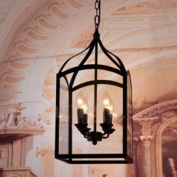 Designer Touch Decorative 4 Light Black Metal Rustic Lodge Pendant Light with Glass Shade