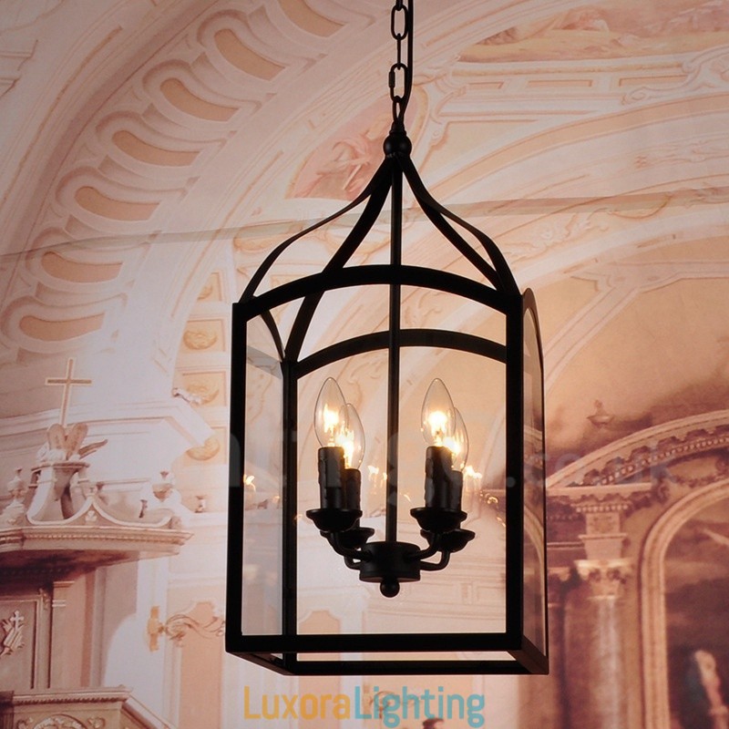 Designer Touch Decorative 4 Light Black Metal Rustic Lodge Pendant Light with Glass Shade