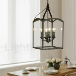 Designer Touch Decorative 4 Light Black Metal Rustic Lodge Pendant Light with Glass Shade