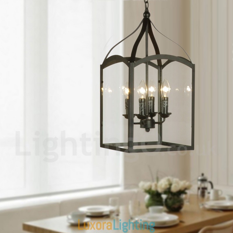 Designer Touch Decorative 4 Light Black Metal Rustic Lodge Pendant Light with Glass Shade