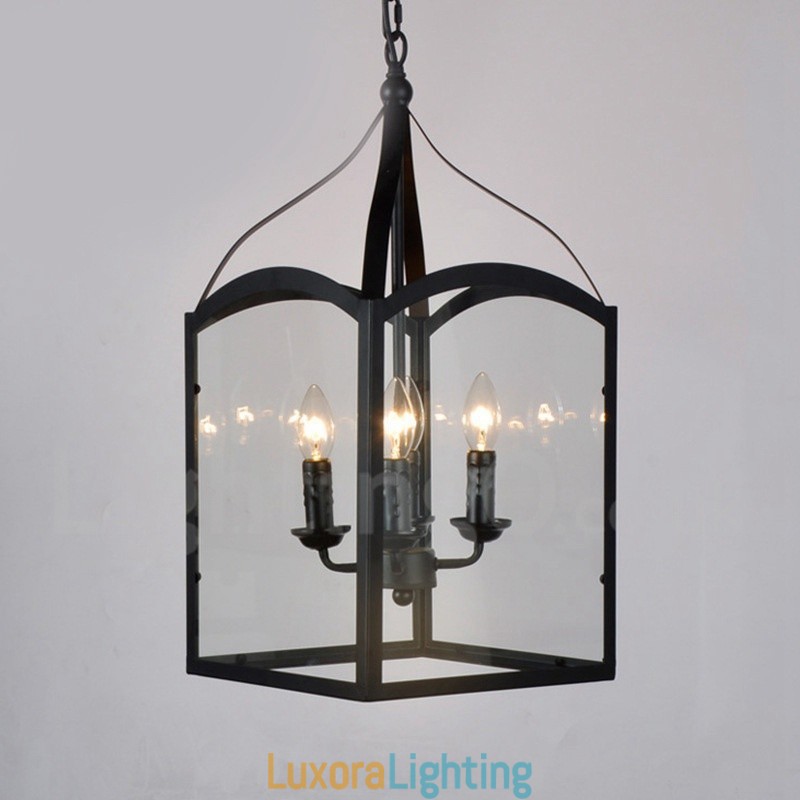 Designer Touch Decorative 4 Light Black Metal Rustic Lodge Pendant Light with Glass Shade