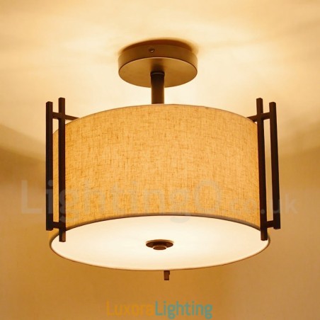 Designer Touch Decorative Rustic Lodge Metal Drum Pendant Light with Fabric Shade