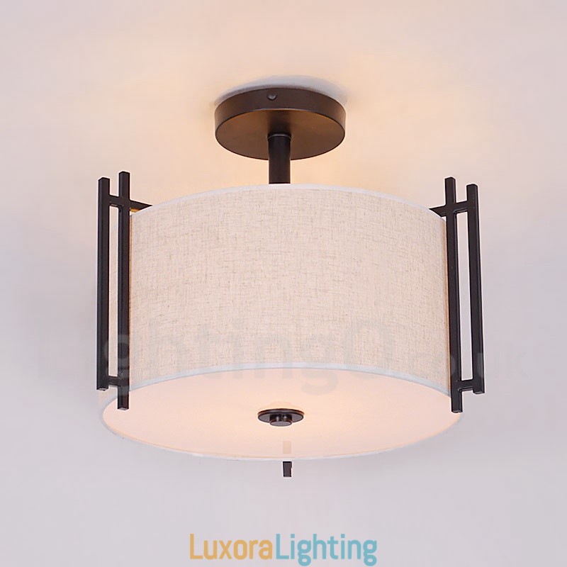 Designer Touch Decorative Rustic Lodge Metal Drum Pendant Light with Fabric Shade