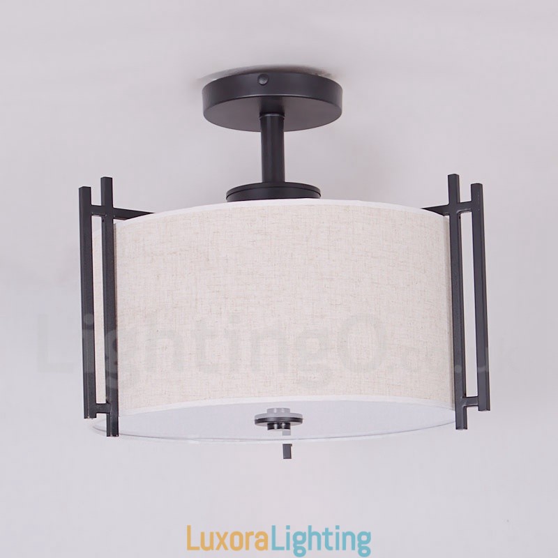 Designer Touch Decorative Rustic Lodge Metal Drum Pendant Light with Fabric Shade